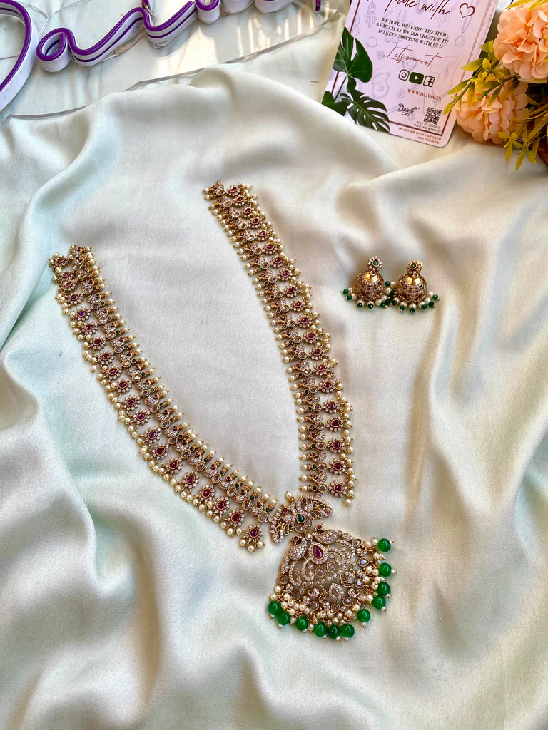 Ruby Green Long AD Haram with Jhumkas